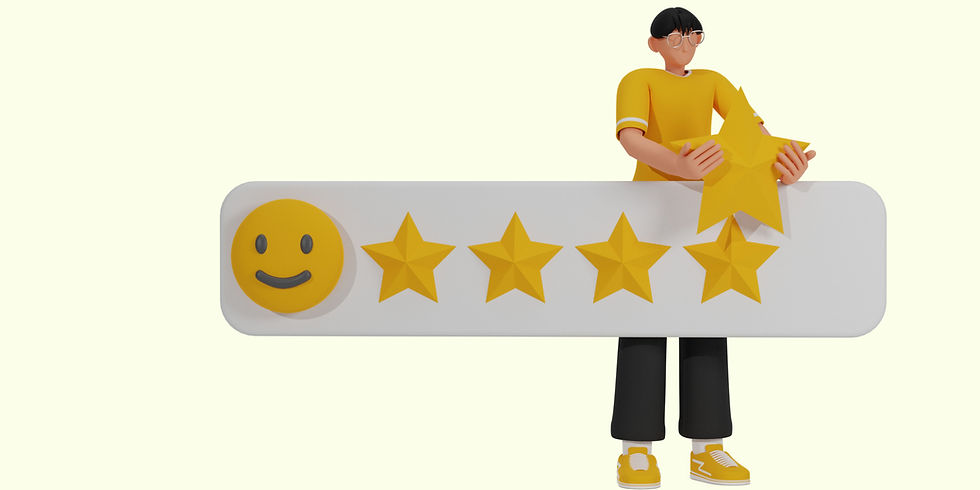 Person in yellow places a star on a rating bar with five stars and a smiley face. Background is light. Stars and smiley are yellow.