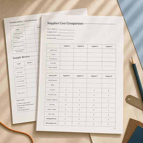 Supplier Cost Comparison and Sample Review documents on a desk.