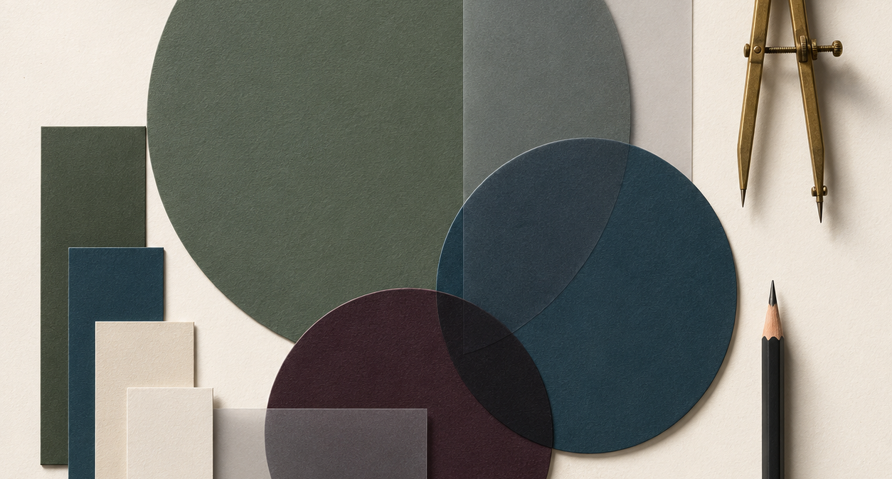 Geometric mood board with circles, squares, and drafting tools.