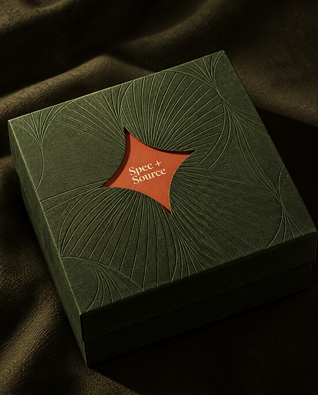 Spec + Source textured green gift box with orange logo.