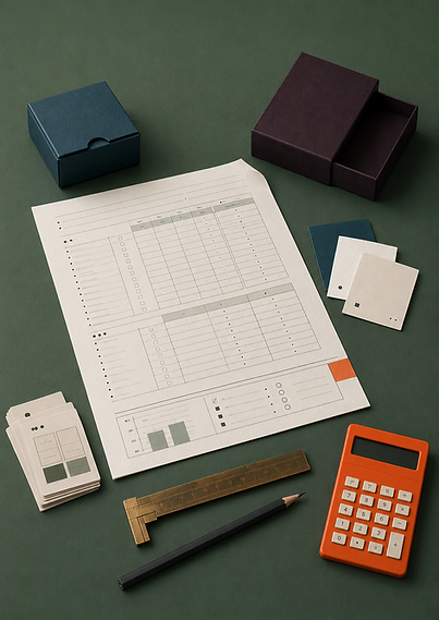 Workplace desk with forms, calculator, and stationery