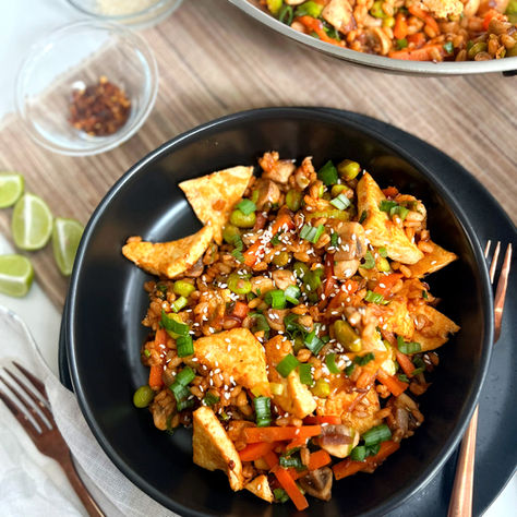 Mushroom Barley Korean Bowl with Edamame & Crispy Tofu