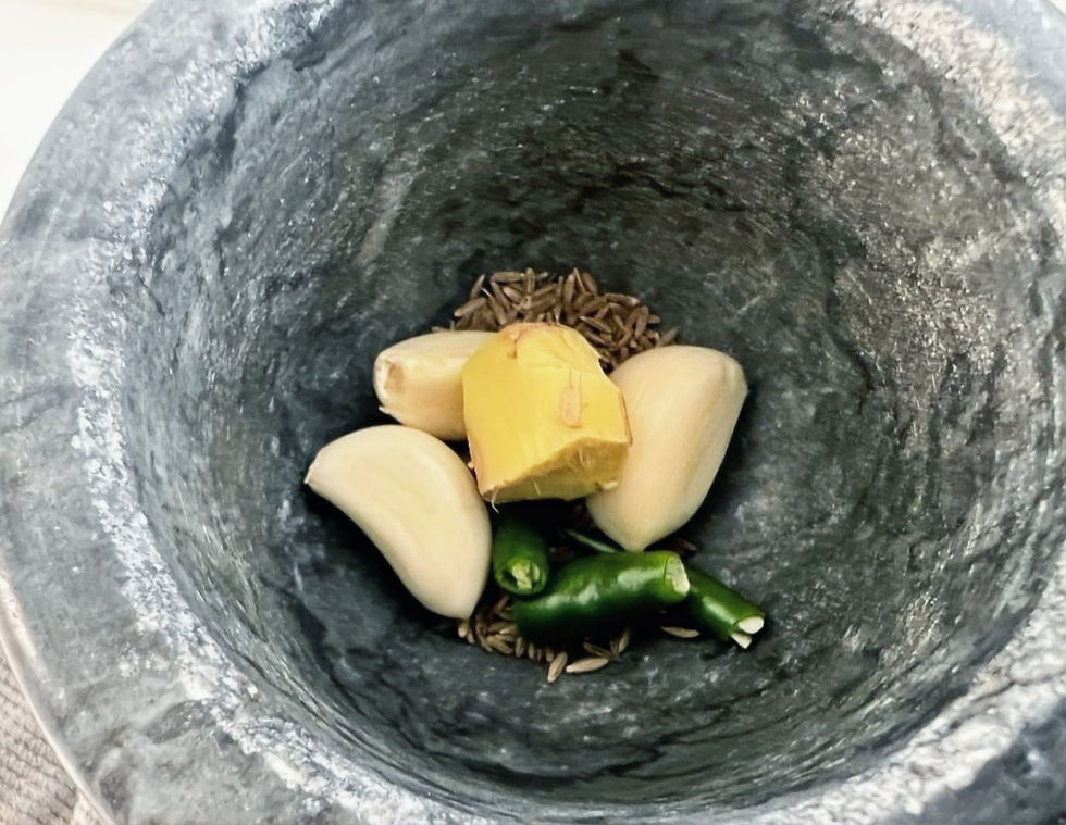 Ginger, Garlic, green chilies in a mortar
