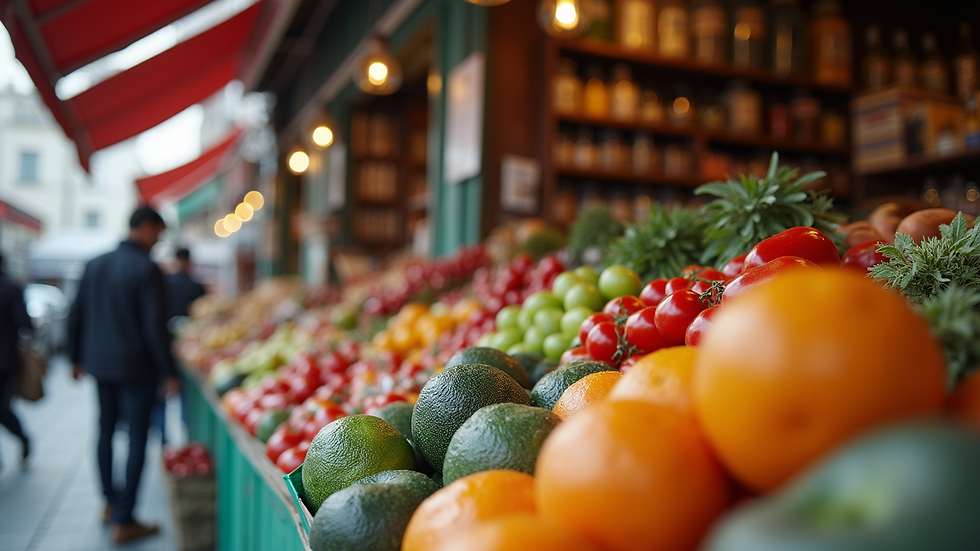 Eye-level view of a bustling marketplace showcasing diverse imported goods