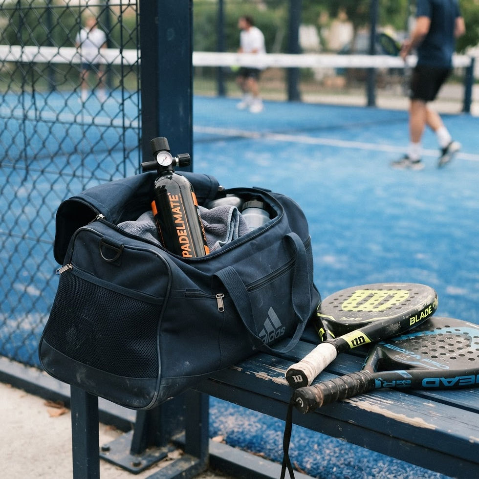 Thumbnail: Pressurizer tube packed in a sports duffel bag beside padel rackets on court