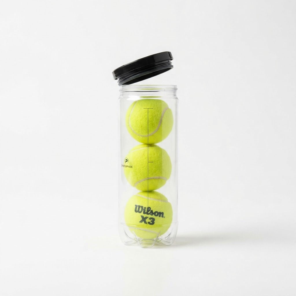 Padel ball pressurizer tube holding three padel balls, studio product photo