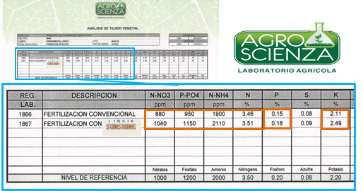 Resultados del uso de Liquid sunshine en el cultivo de maíz.