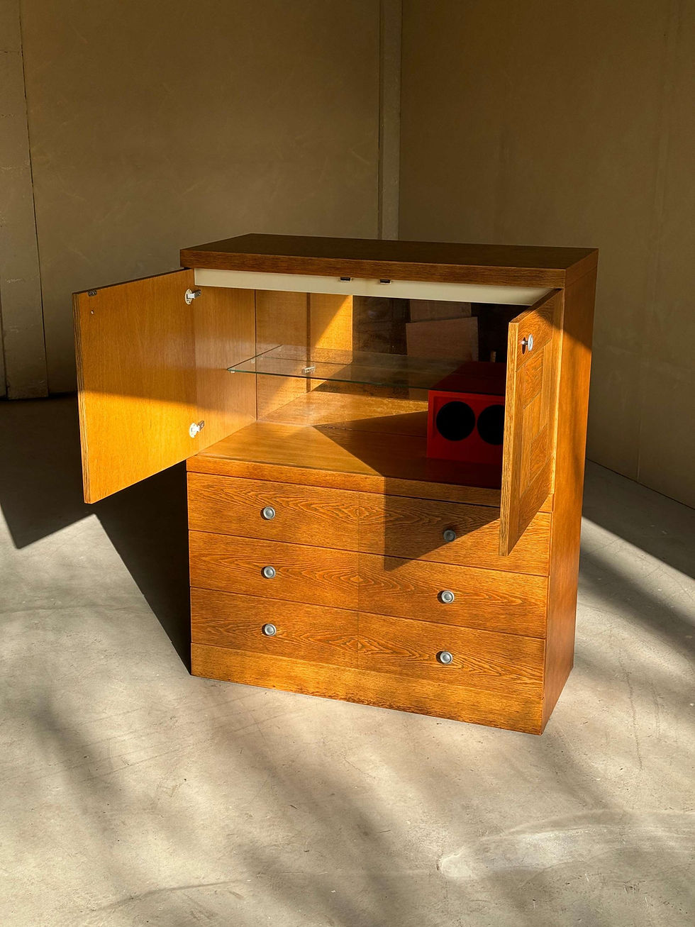 Thumbnail: Natural oak brutalist Bar Cabinet with Drawers, 1980s
