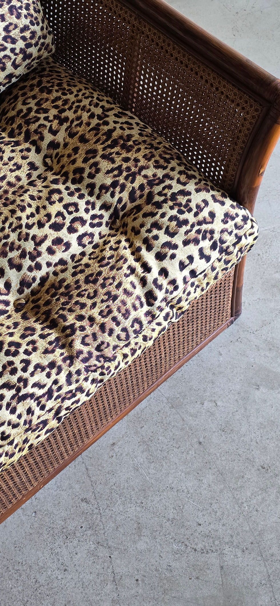 Thumbnail: Vintage three seater bench in Rattan & Reed with Leopard Upholstery