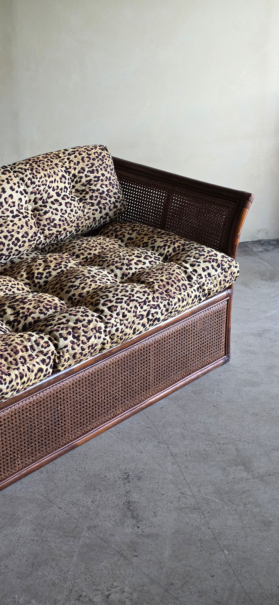 Thumbnail: Vintage three seater bench in Rattan & Reed with Leopard Upholstery