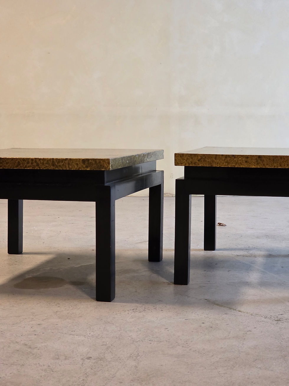 Thumbnail: Set of 2 Mid-Century black lacquered sidetables with gold-painted metal top