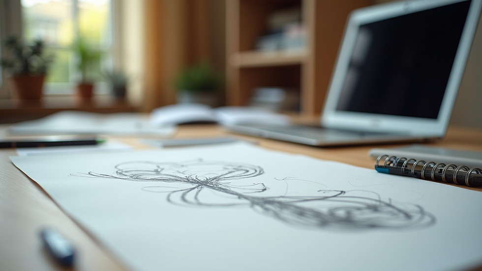 Eye-level view of a creative workspace with sketches and a laptop