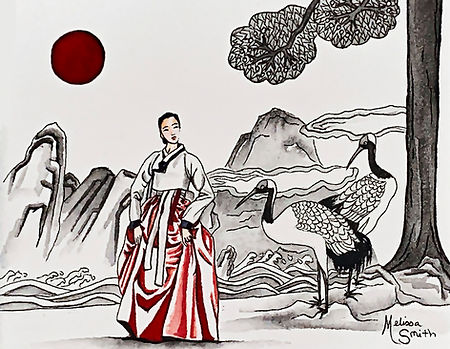 Watercolor/Ink Korean minhwa fusion painting, Modern meets traditional