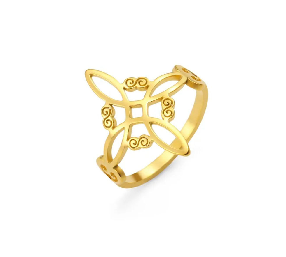 Mystic Harmony Ring, adjustable gold ring with mystical geometric design, displayed on a white background, elegant jewelry sh