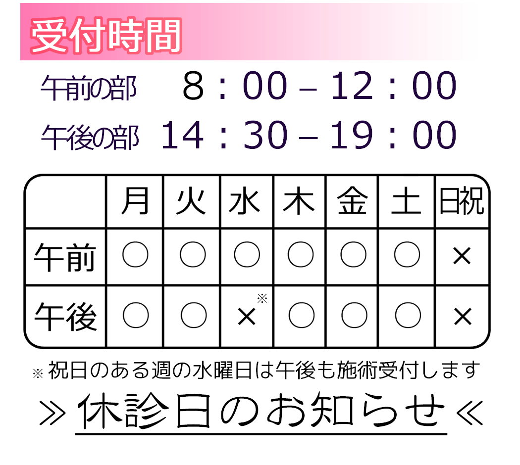 受付時間　8：00～12：00　14�：30～19：00　日曜祝日休診　水曜日午後休診
