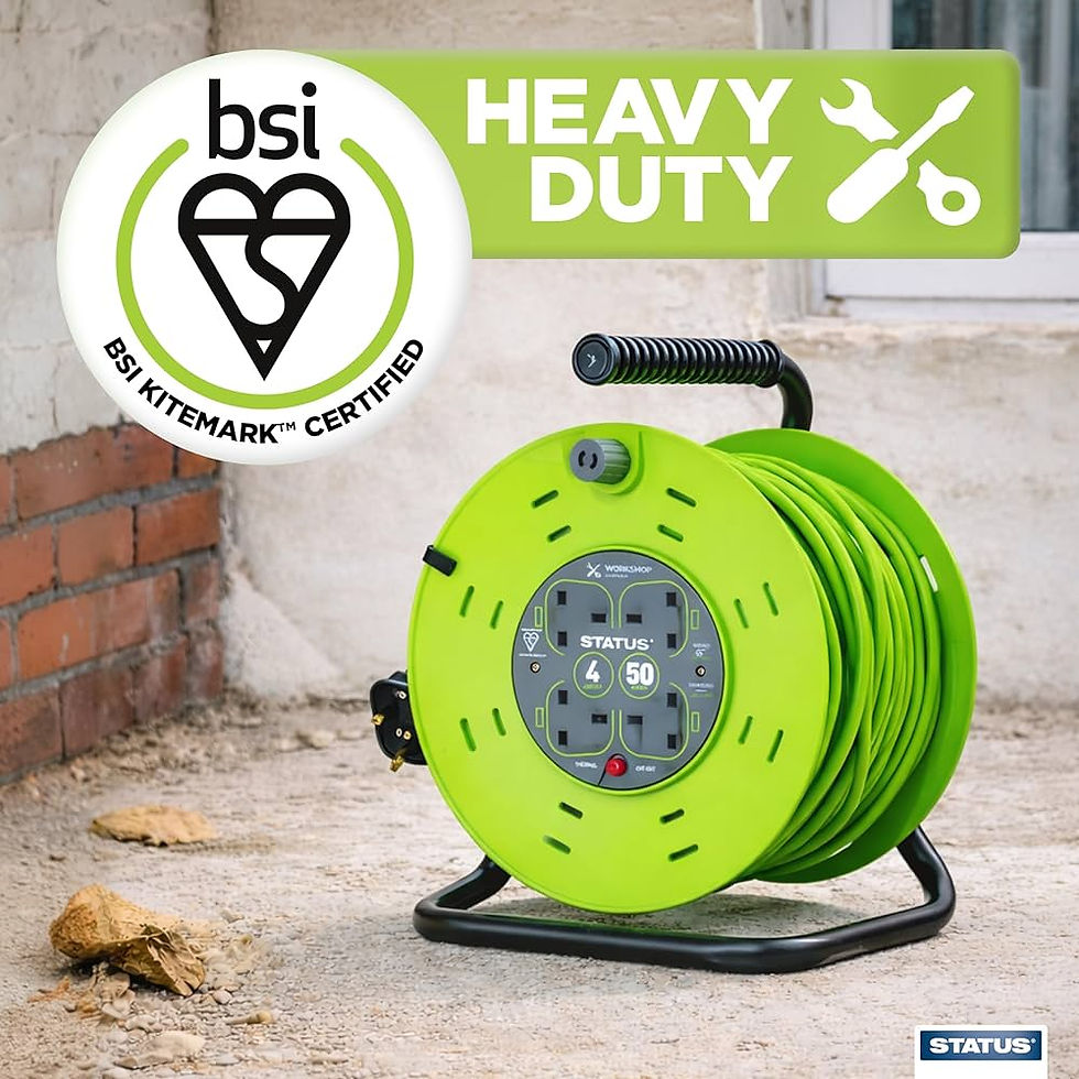 Status 50m Metal Frame 4 Socket Reel Extension Lead