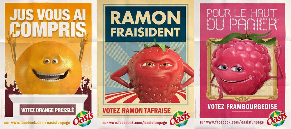 Sur cette image, on voit les fruits de la marque Oasis, qui sont les piliers du storytelling de la marque.