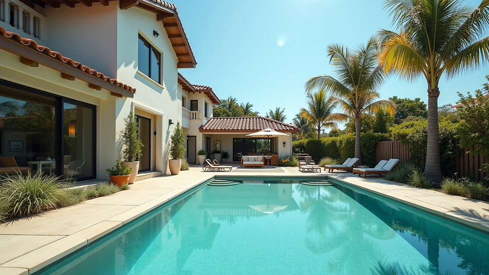 Wide angle view of a suburban home with a swimming pool and palm trees