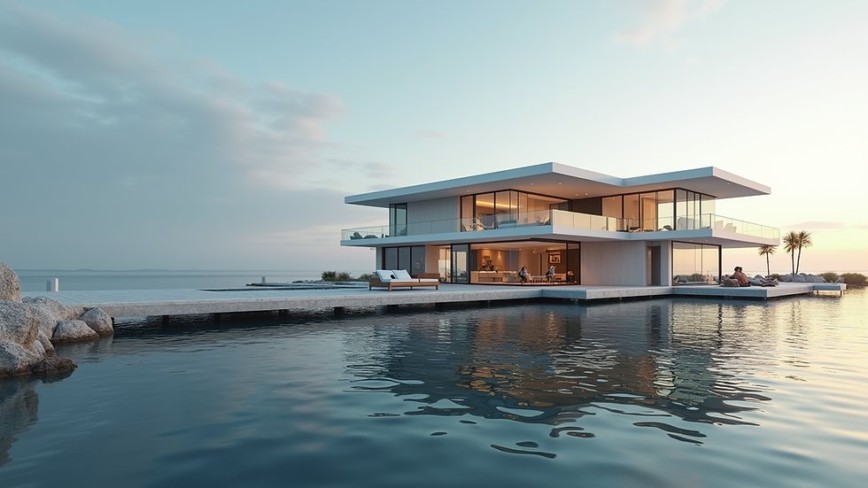 Eye-level view of a modern waterfront home with a private dock