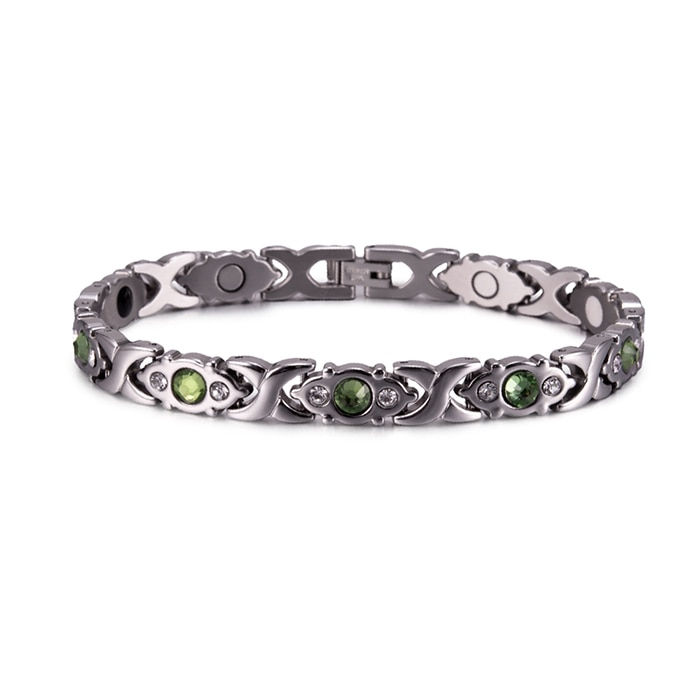 Thumbnail: Magnetic Women's Green Crystals Cross Stainless Steel Healing Energy Bracelet