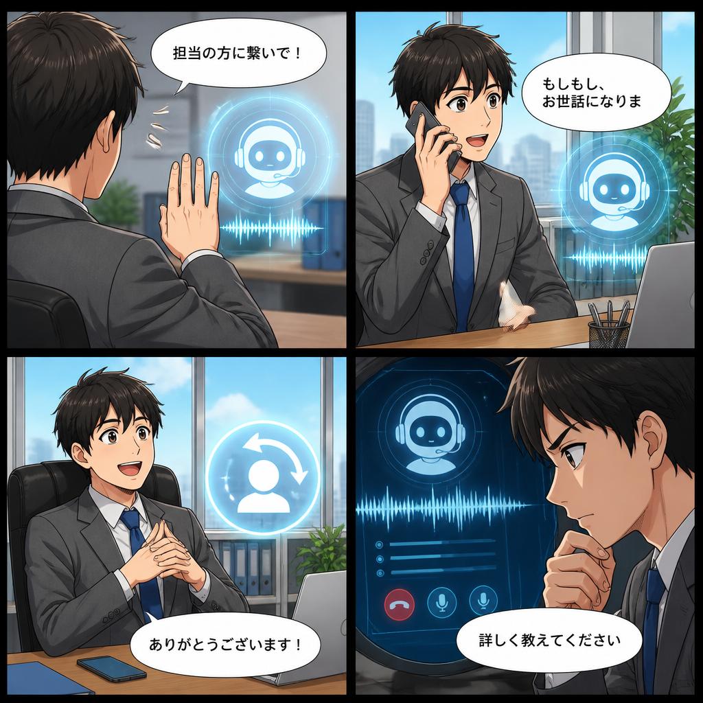 AGEphone Cowork が通話の概要を4コマ漫画で自動生成した例