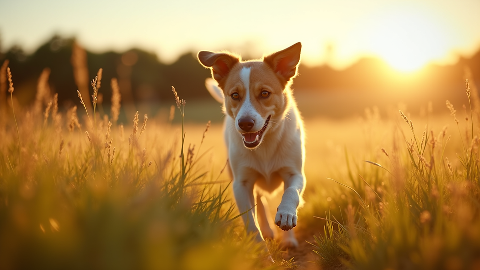 Eye-level view of a dog running through a sunlit grassy field