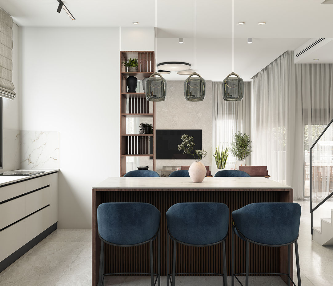 כיסאות אי כחולים במטבח לבן עם נגיעות שך עץ גלי