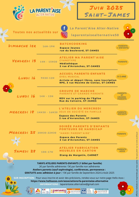 C'est avec plaisir que je vous partage le programme de l'Association La Parent'Aise pour le mois de juin !!