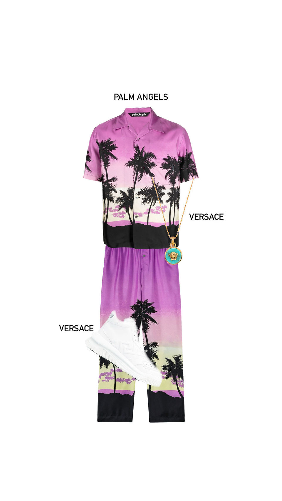 tenue capsue by eso, inspiration ken/ barbie, ensemble palm angels, collier versace , chaussure versace