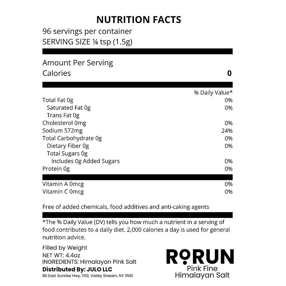 Thumbnail: Nutrition facts for Rorun Pink Fine Himalayan Salt: serving size 1/4 tsp