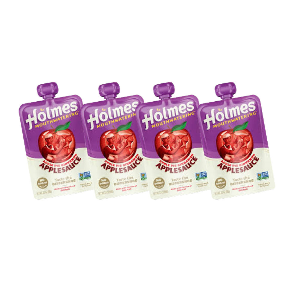 Thumbnail: Four Holmes Applesauce pouches, Applesauce text, White background, Healthy snack for kids.