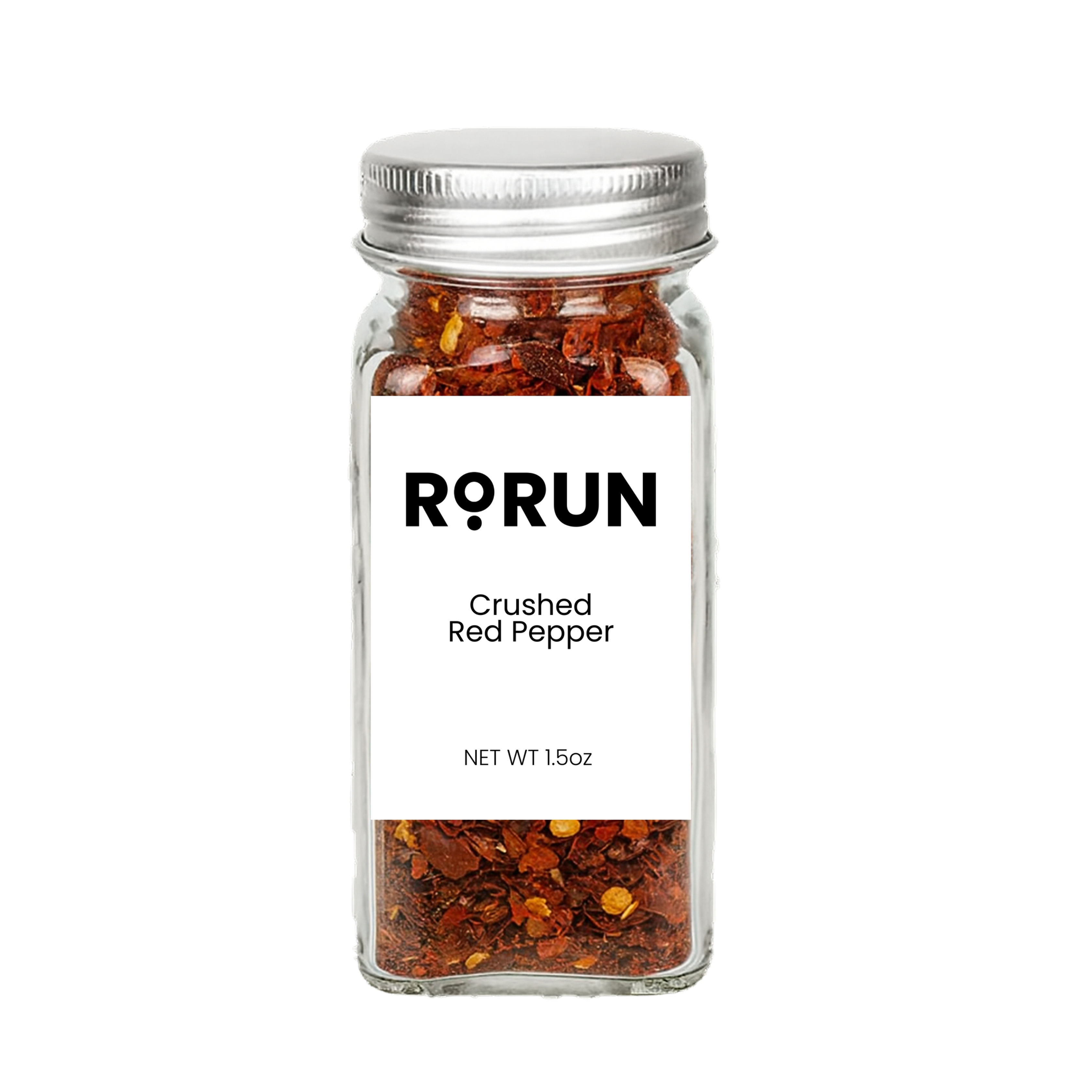 Jar of RORUN Crushed Red Pepper with NET WT 15oz label.