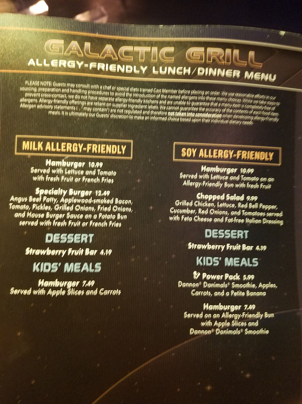 Galactic Grill Allergy-friendly menu page 1