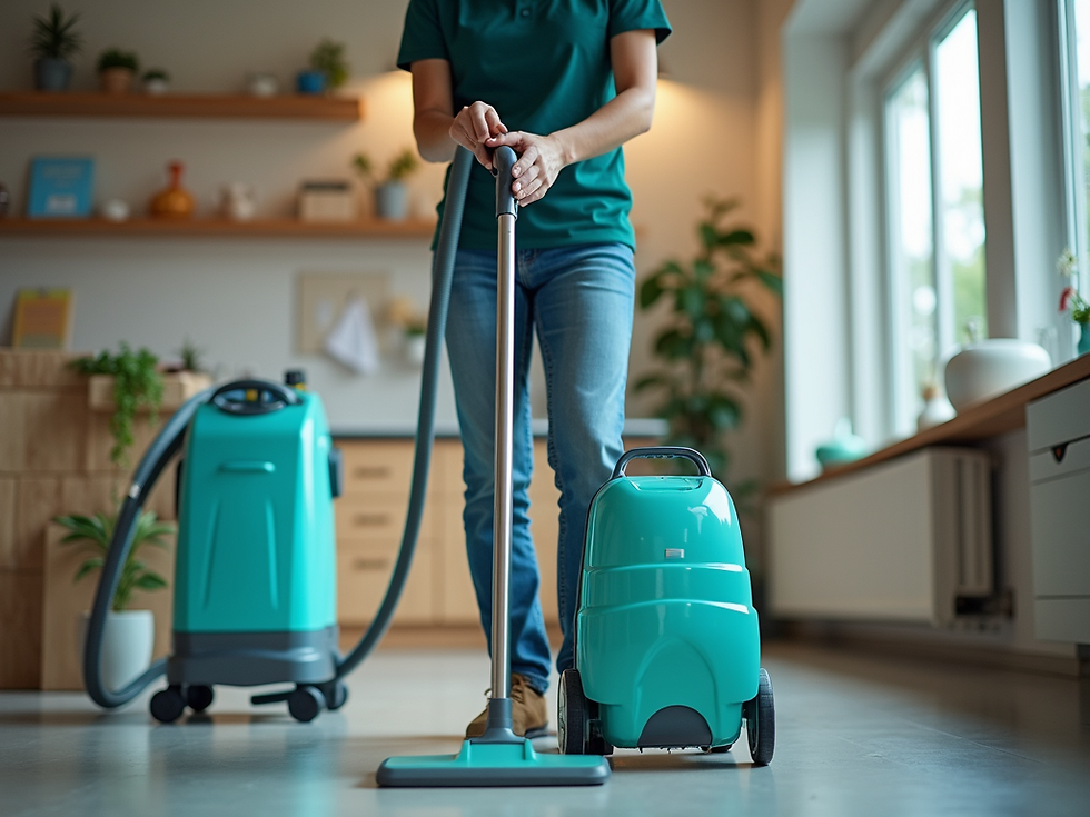Eye-level view of a local cleaning professional using eco-friendly equipment in a commercial space