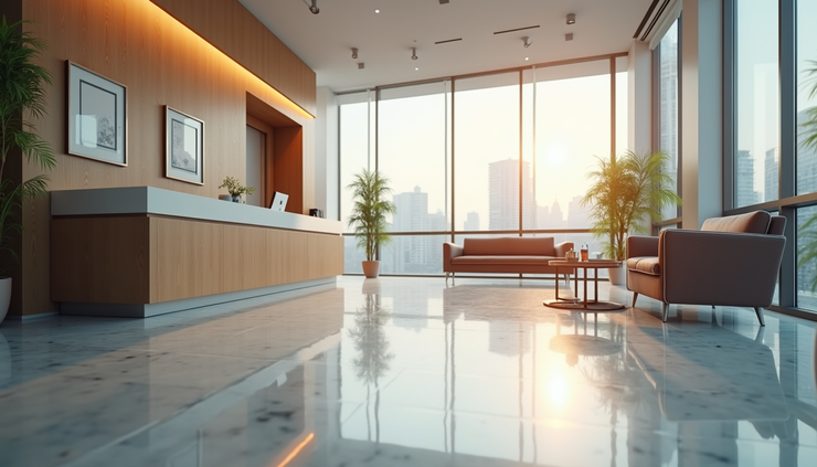 Eye-level view of a clean law firm reception area with polished floors and tidy furniture