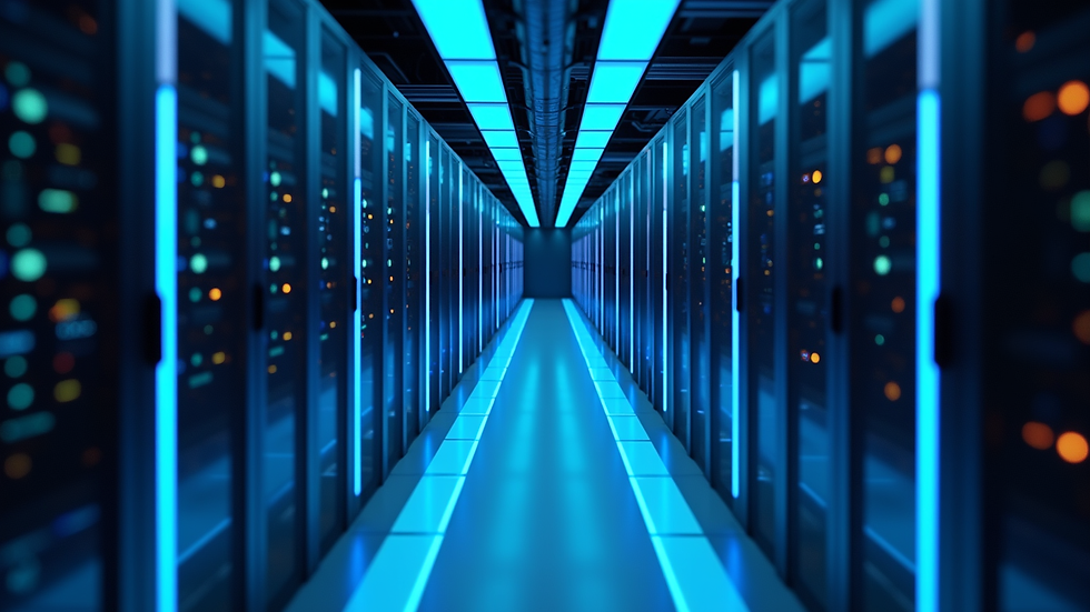 High angle view of a futuristic server room with glowing blue lights