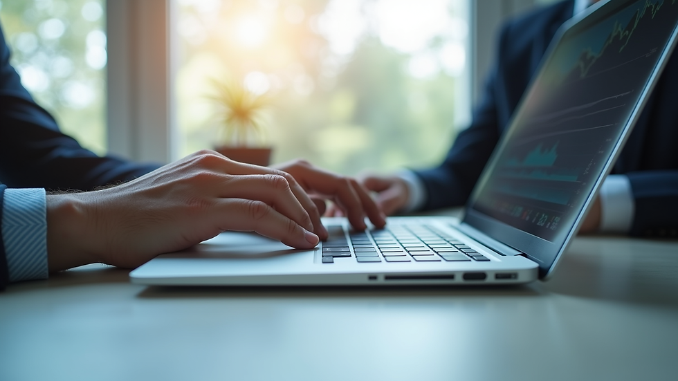 Close-up view of a professional analyzing data on a laptop in a bright office