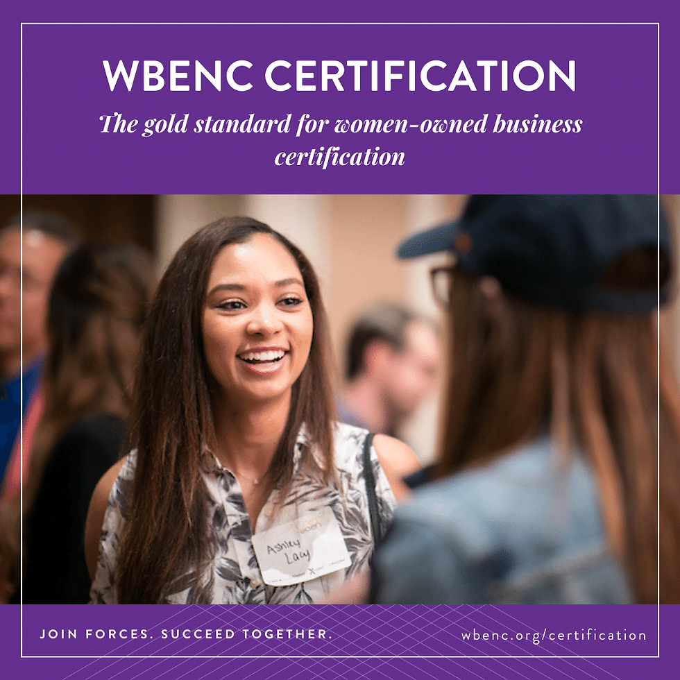 WBENC Certification promo with smiling woman at networking event; purple banner says women-owned business certification.