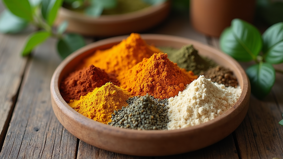 High angle view of Ayurvedic herbs and powders arranged on a wooden table