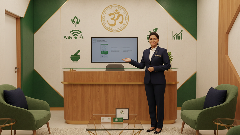 Eye-level view of a modern Ayurvedic clinic reception area
