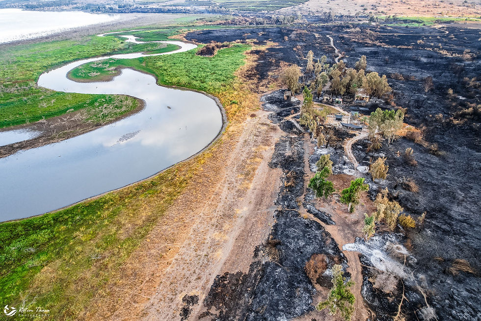 Aerial Drone Picture of Bethsaida (el Araj), the wildfire, and the Jordan River