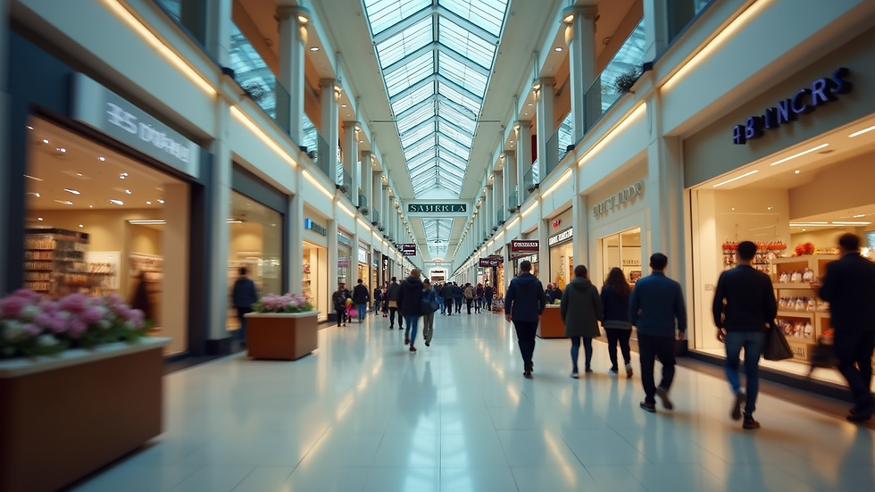 High angle view of a busy shopping mall with various stores
