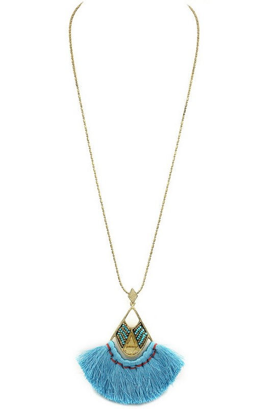 Thumbnail: Cotton tassel/metal pendant long necklace