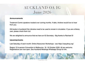 Announcements, Auckland IG Meeting, June 2026
