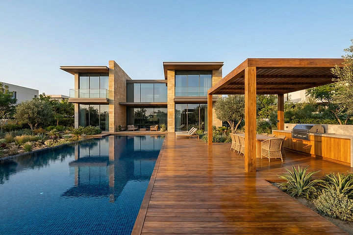 Hardwood pool deck and timber pergola at a contemporary villa