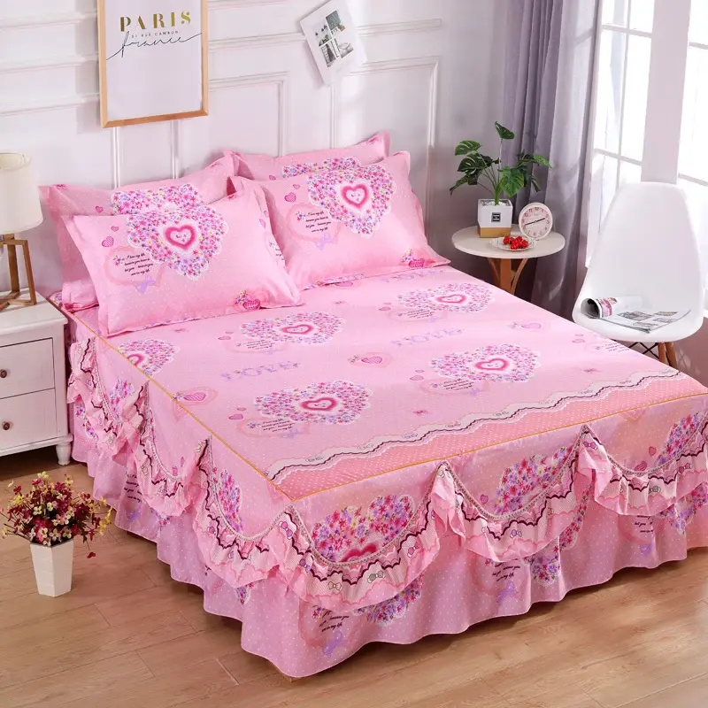 3pcs Bedskirt Set, Flower Printed All Seasons Universal Non-slip Bedding Set (Be