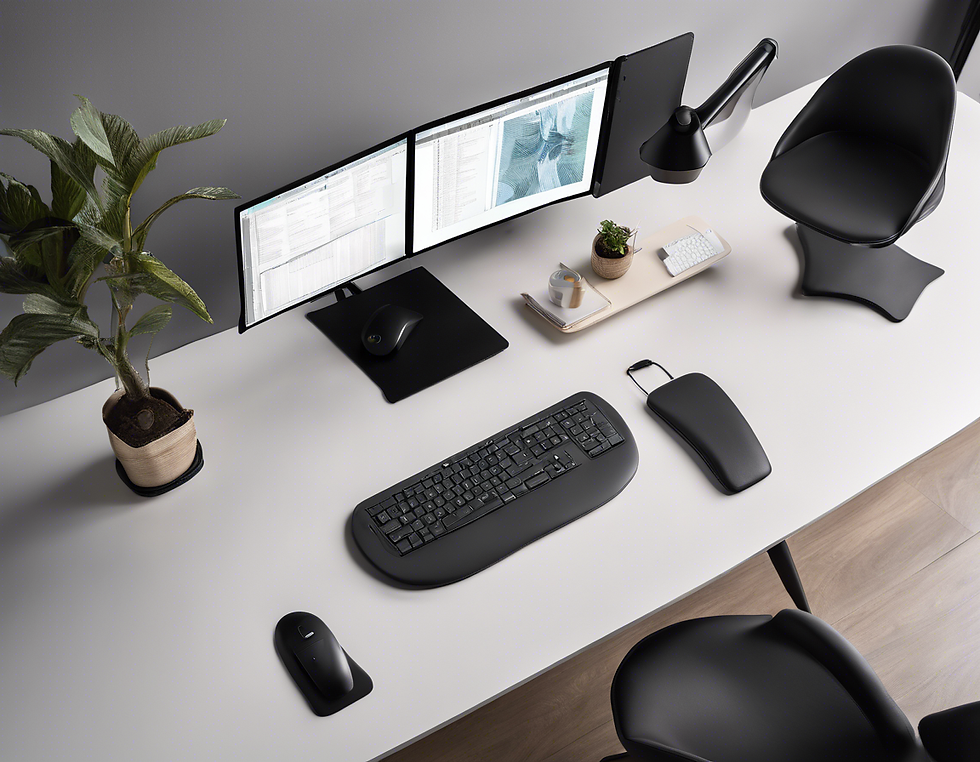 Modern ergonomic home office setup featuring dual monitors, an ergonomic chair, keyboard with wrist rest, and a clean desk layout with a potted plant.