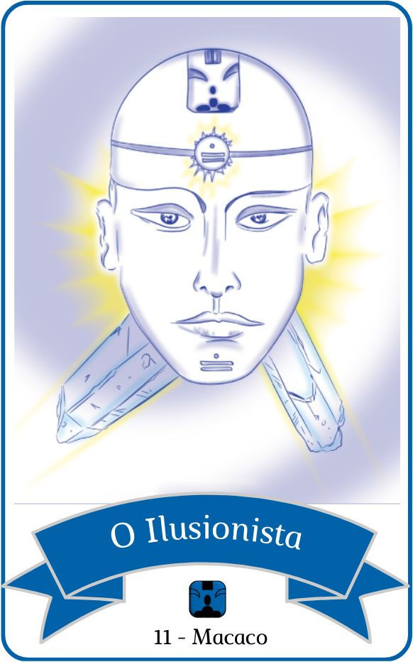 Arquétipo 11 – O Ilusionista, representação do Macaco Azul na Lei do Tempo. Figura humana com cristal e símbolo do selo solar, canalizando a magia e a percepção multidimensional. Imagem associada ao Kin 131, arquétipos galácticos e os 20 Selos Solares do Tzolkin