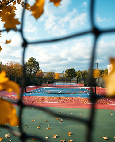 view of multiple tennis courts through the net with fall leaves on the court.jpg