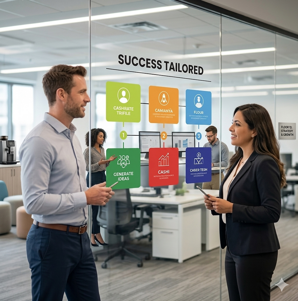 Personalized staffing solutions: professional office with 'Success Tailored' branding.